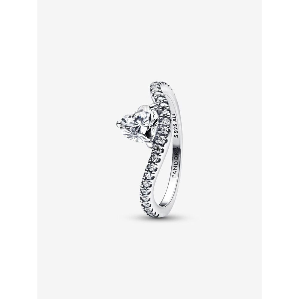 Pandora Wavy Heart Ring S925 Sterling Silver Sparkling Pave Band Size 7